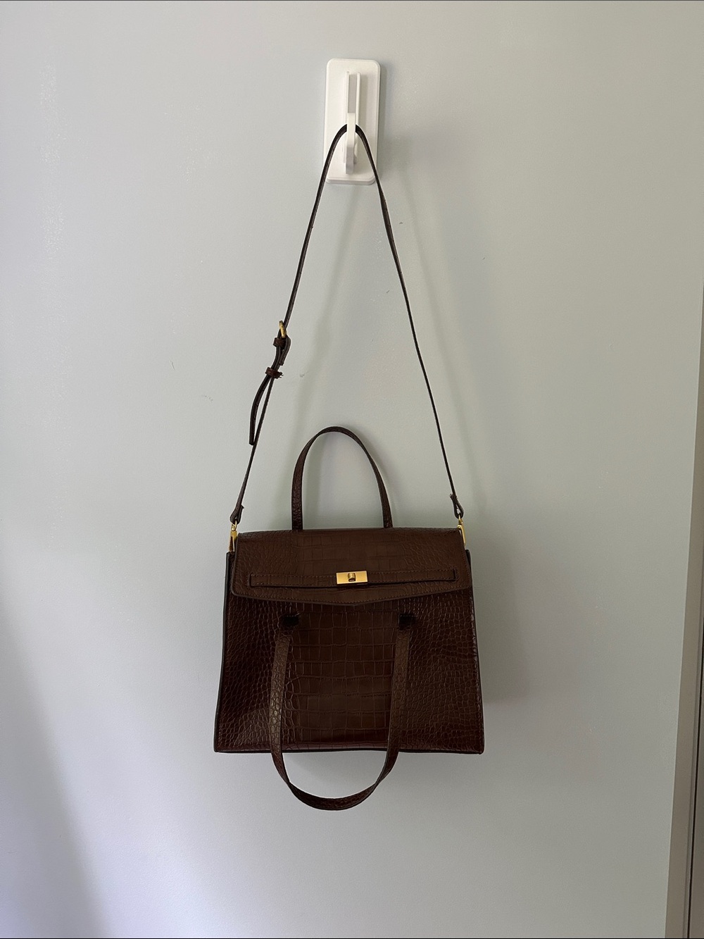 Mango Brown Croc-Embossed Structured Top-Handle Satchel
